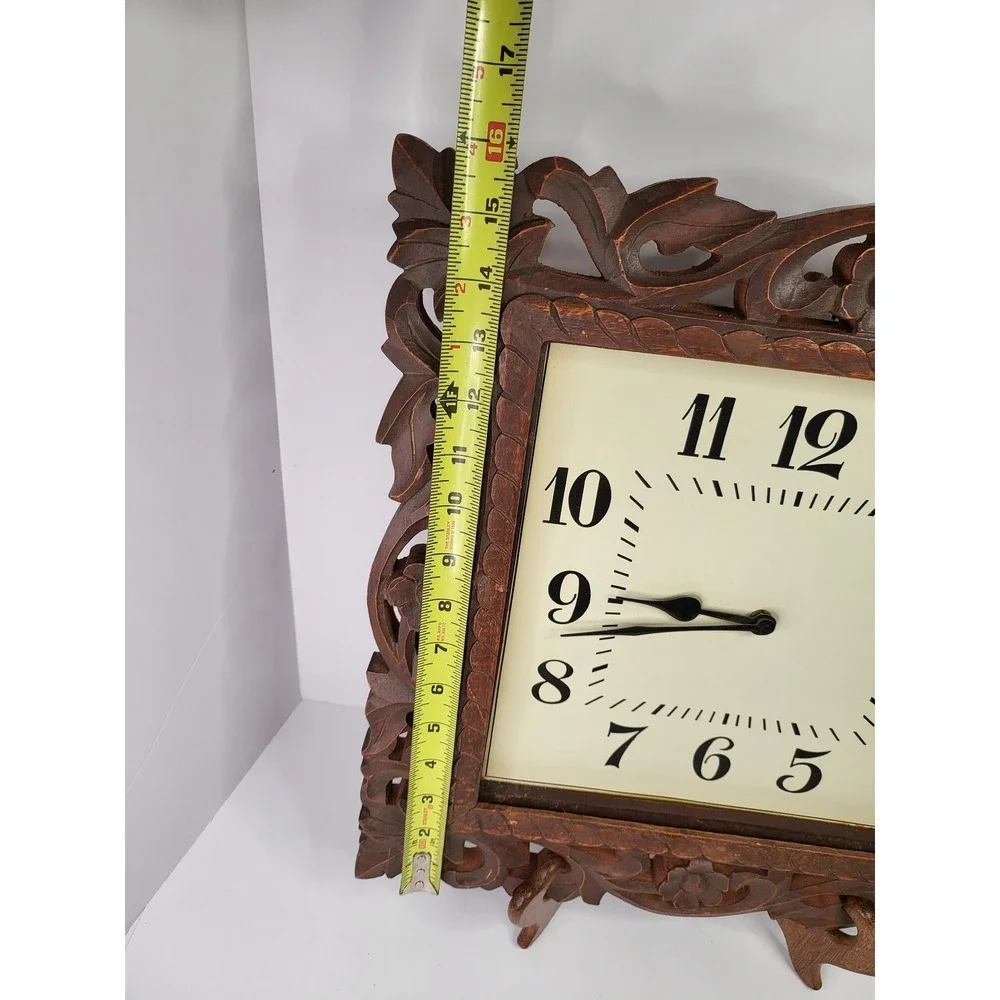 SAS Living Hand Carved Wood Wall Clock Floral Openwork Square Brown 16.5in